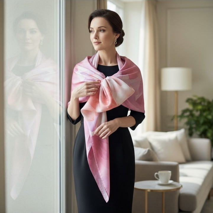 Khăn lụa vuông Sophia hồng cánh sen